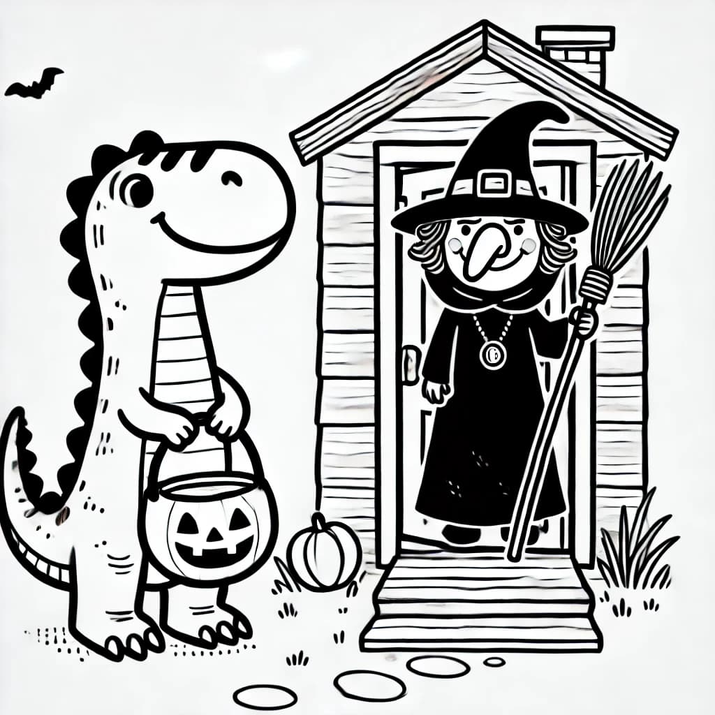 Ausmalbild - Dino auf Süßigkeitenjagd - Dinosaurier, Hexe, Halloween, Haustür