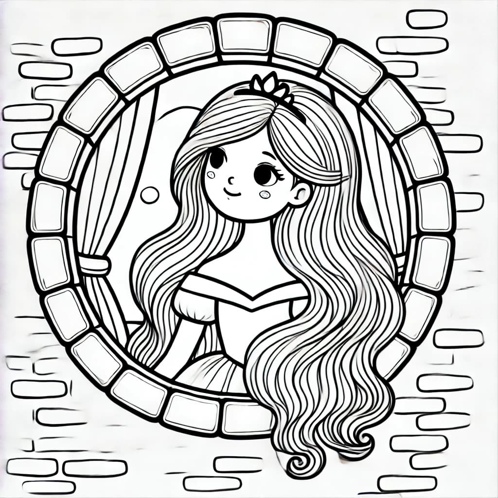 Ausmalbild - Prinzessin am Turmfenster - Prinzessin, Turm, Schloss, Fenster