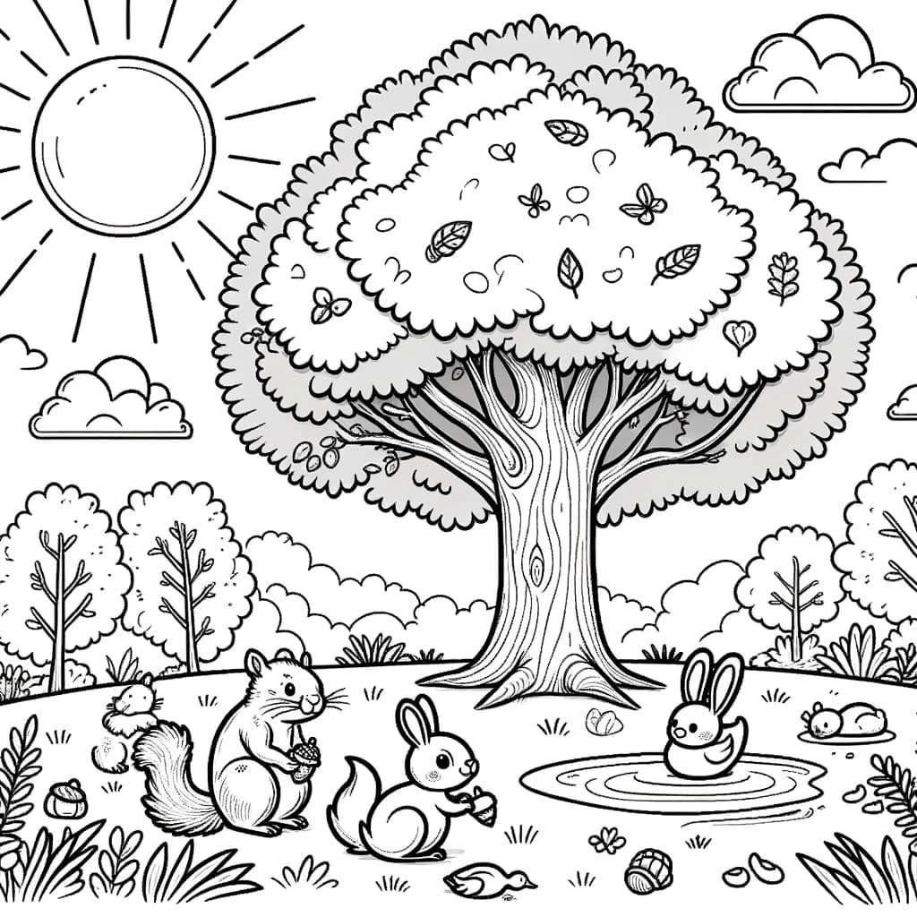 Ausmalbild - Freunde im Park - Park, Baum, Eichhörnchen, Kaninchen