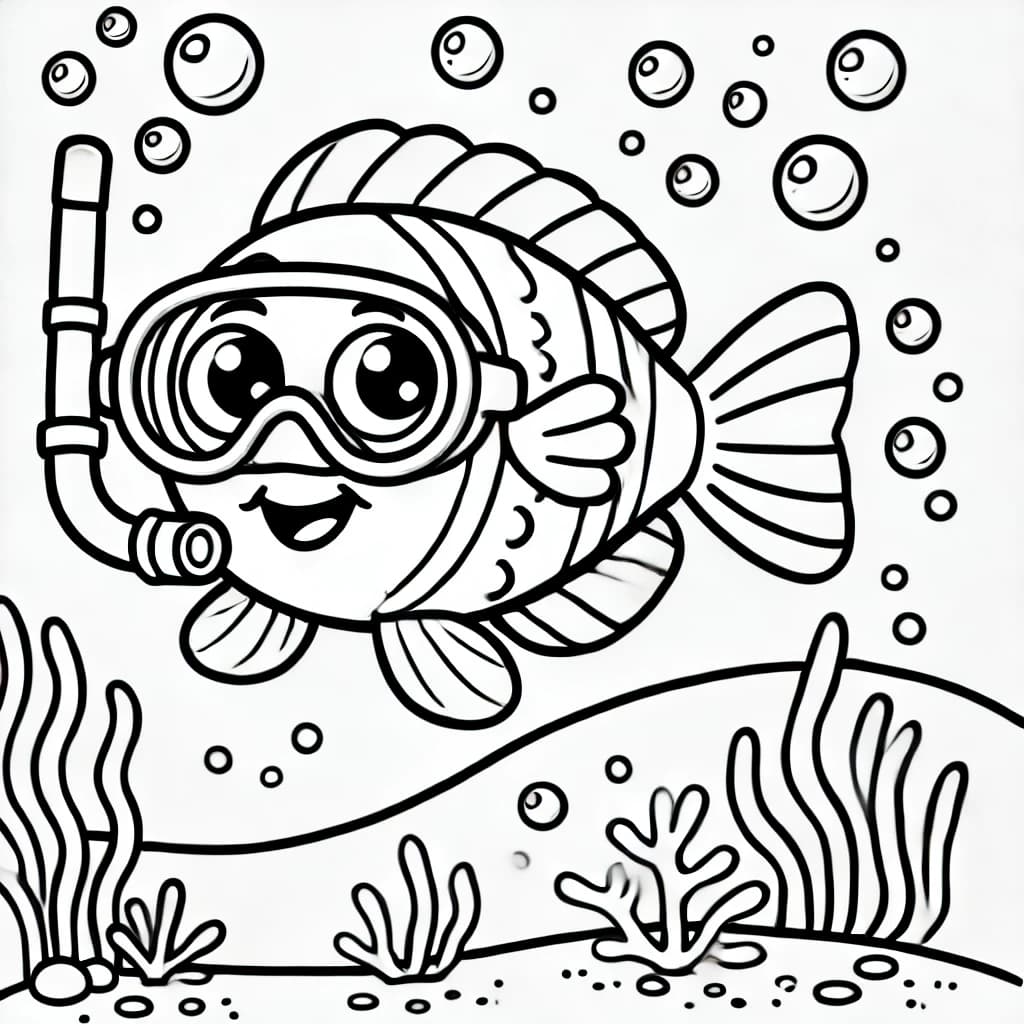 Ausmalbild - Der schnorchelnde Fisch - Fisch, Taucherbrille, Schnorcheln, Unterwasser