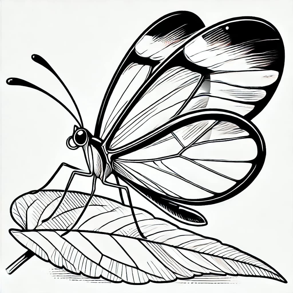Ausmalbild - Glasflügelschmetterling auf einem Blatt - Schmetterling, Insekten, Natur, Flügel