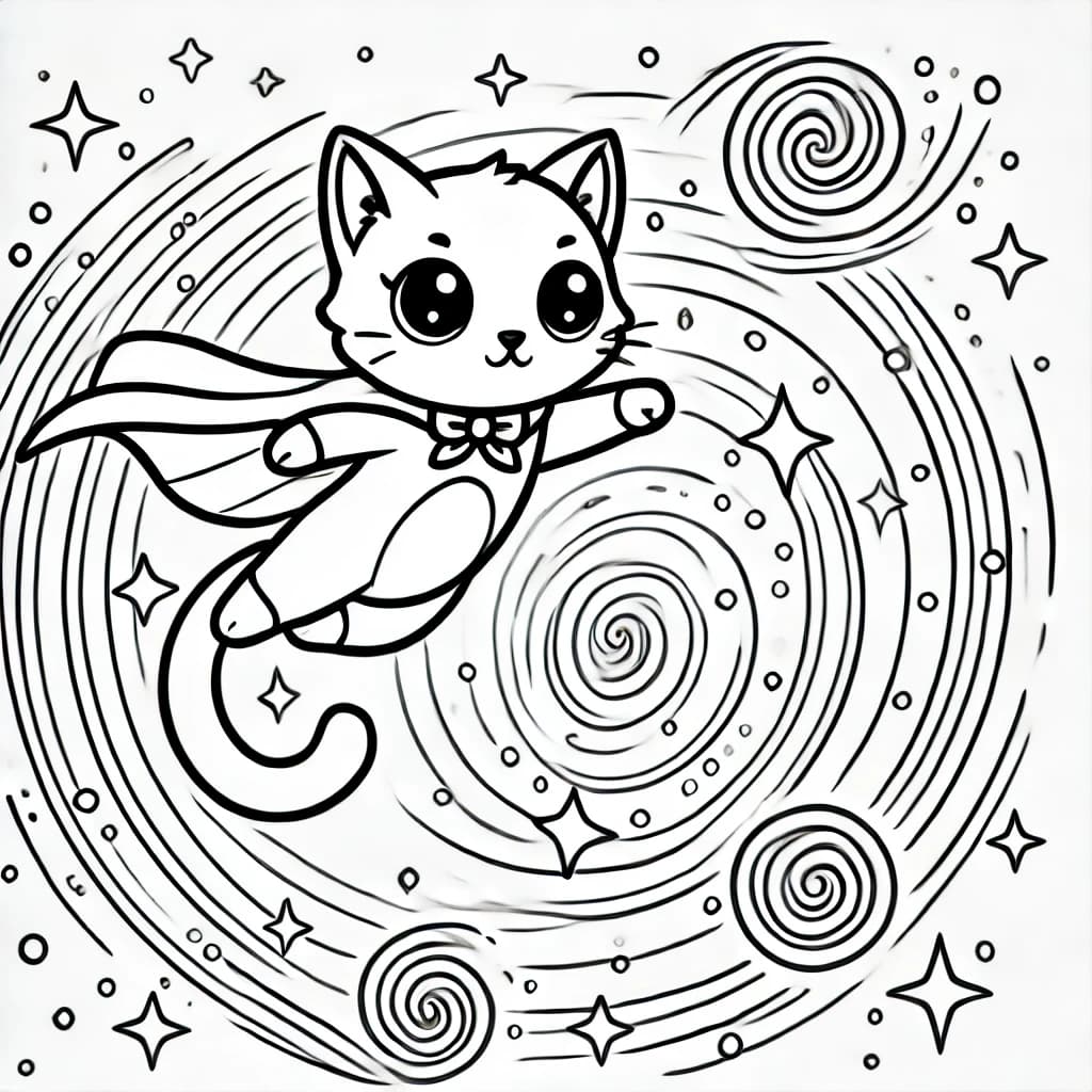 Ausmalbild - Superkatze teleportiert sich! - Katze, Superheld, Portal, Magie