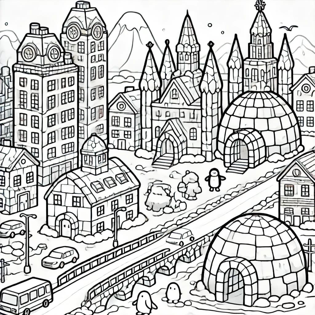 Ausmalbild - Eisstadt - Eis, Stadt, Türme, Brücken