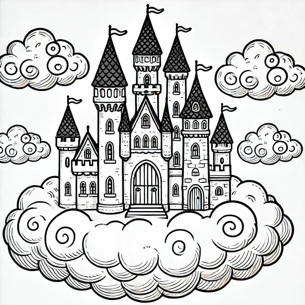 Ausmalbild - Das schwebende Schloss - Schloss, Wolke, Magie, Fantasie