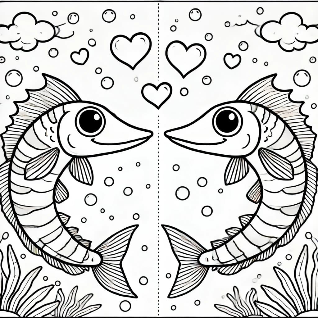 Ausmalbild - Verliebte Barrakudas - Barrakuda, Fische, Liebe, Meer