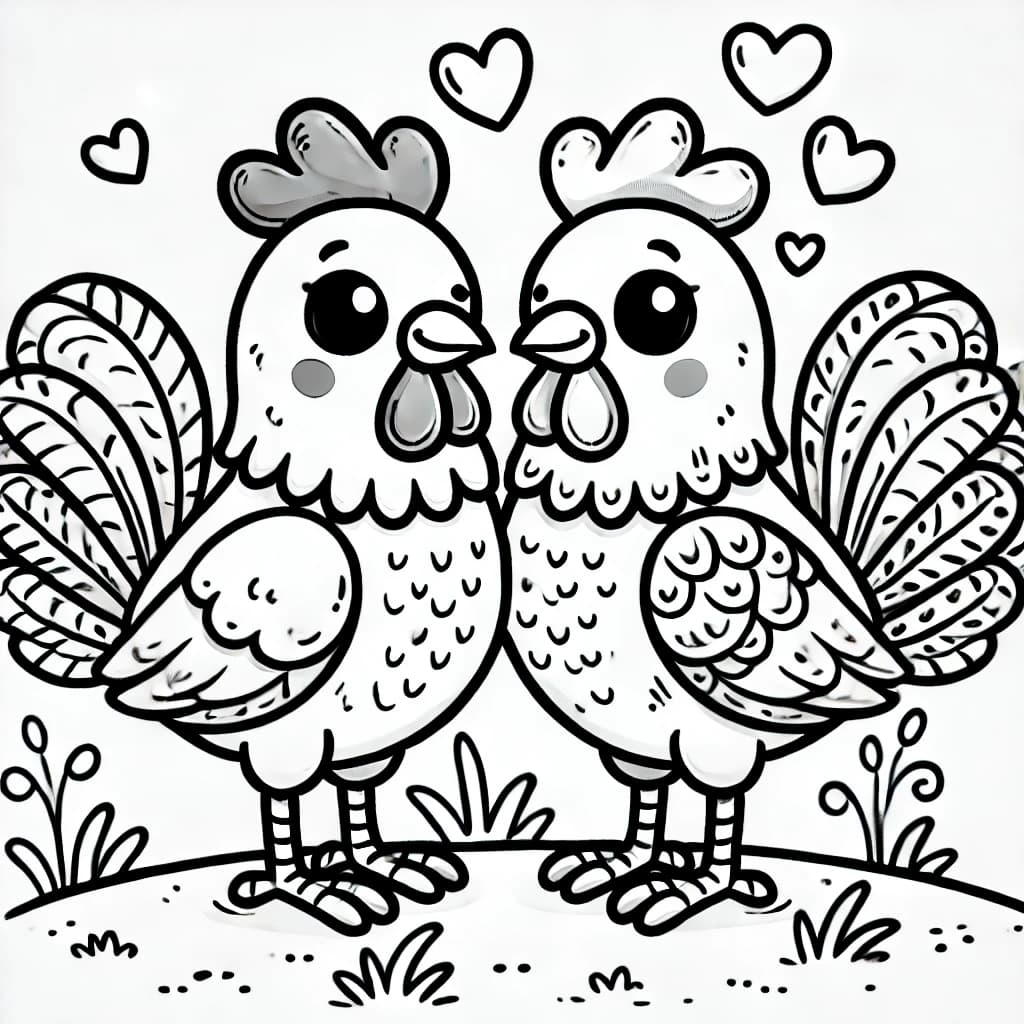 Ausmalbild - Verliebte Hähne - Hahn, Huhn, Liebe, Bauernhof