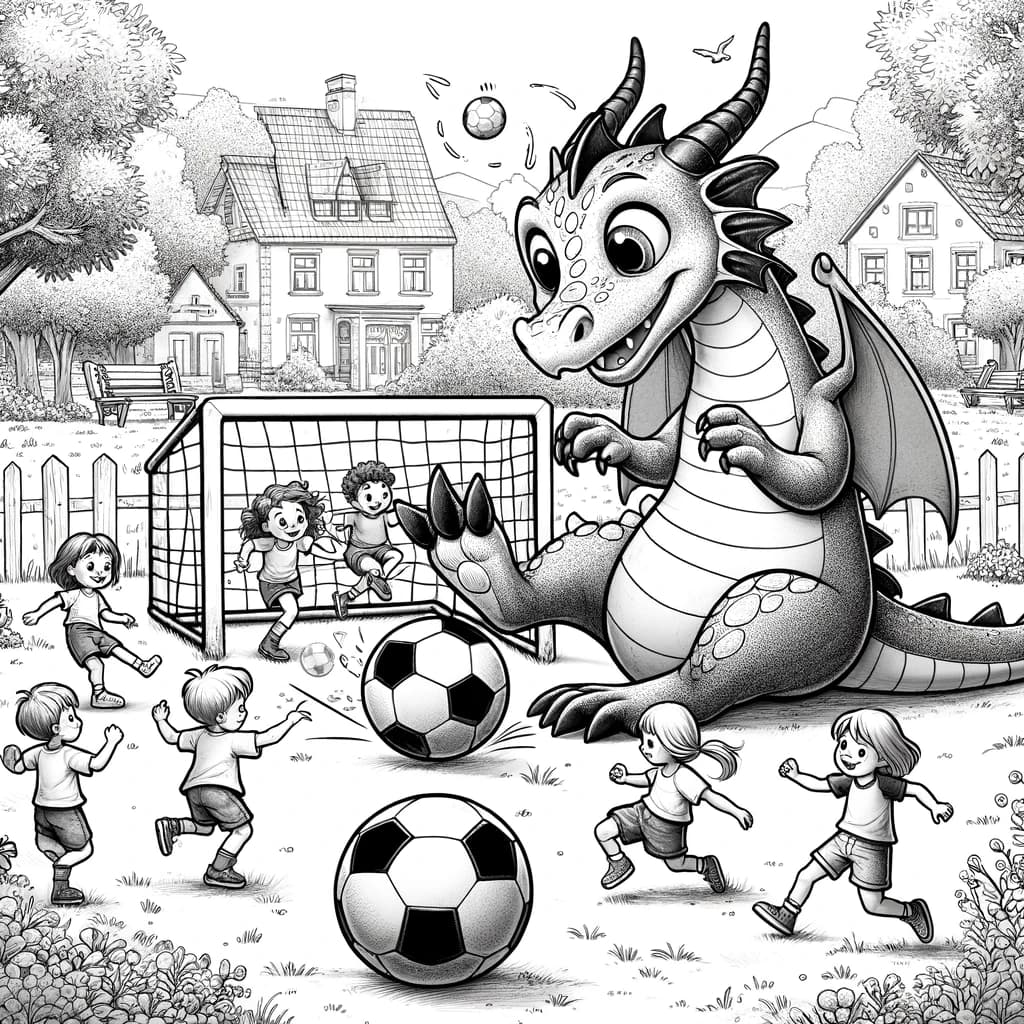 Ausmalbild - Der Drache beim Fußballspiel - Drache, Fußball, Kinder, Park