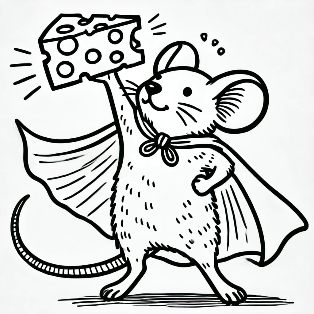 Ausmalbild - Supermaus hebt Käseblock hoch - Maus, Superheld, Käse, Kraft