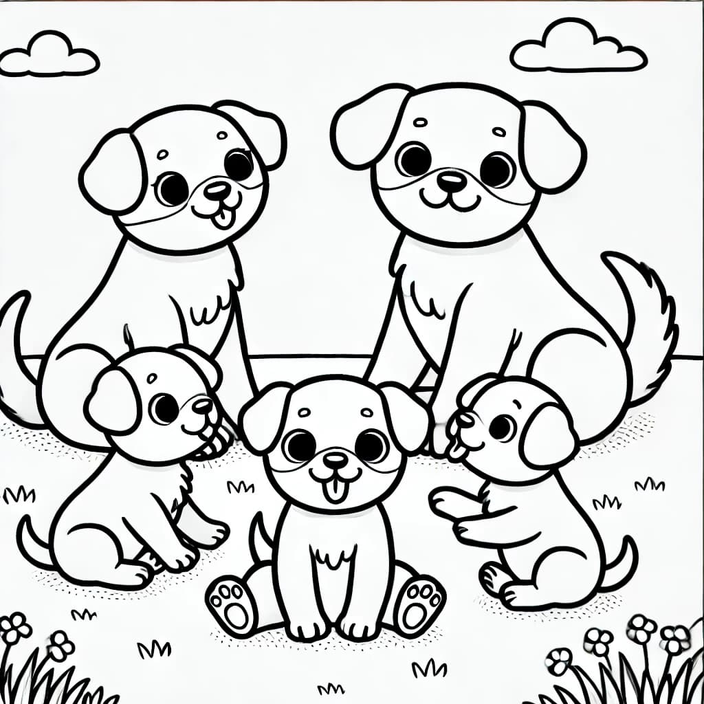 Ausmalbild - Hundefamilie - Hund, Familie, Welpen, Tiere