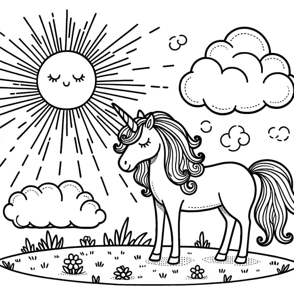 Ausmalbild - Einhorn im Sonnenschein - Einhorn, Wiese, Sonne, Wolken