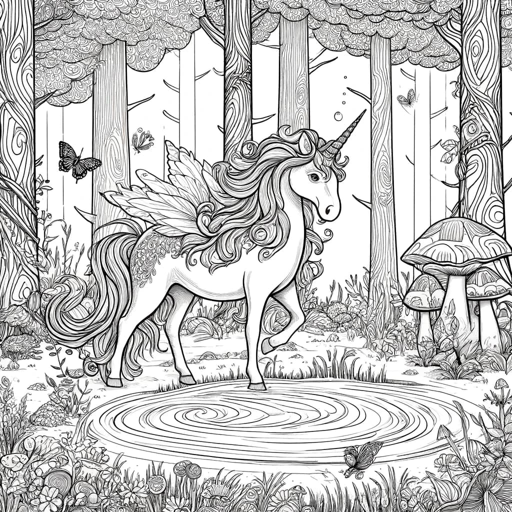 Ausmalbild - Das Einhorn am Zauberwaldteich - Einhorn, Teich, Wald, Blumen