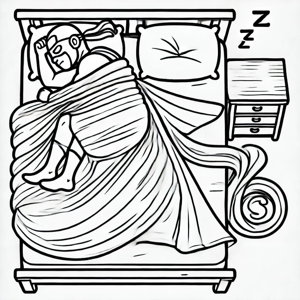 Ausmalbild - Der schlafende Held mit dem widerspenstigen Cape - Superheld, Schlafen, Bett, Cape