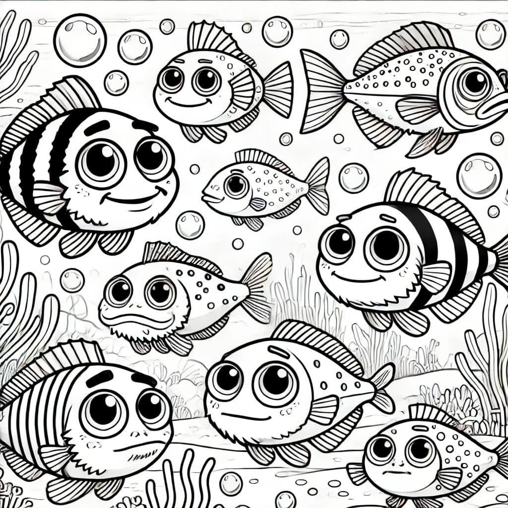 Ausmalbild - Familie Kabeljau im Meer - Kabeljau, Fischfamilie, Ozean, Meerestiere