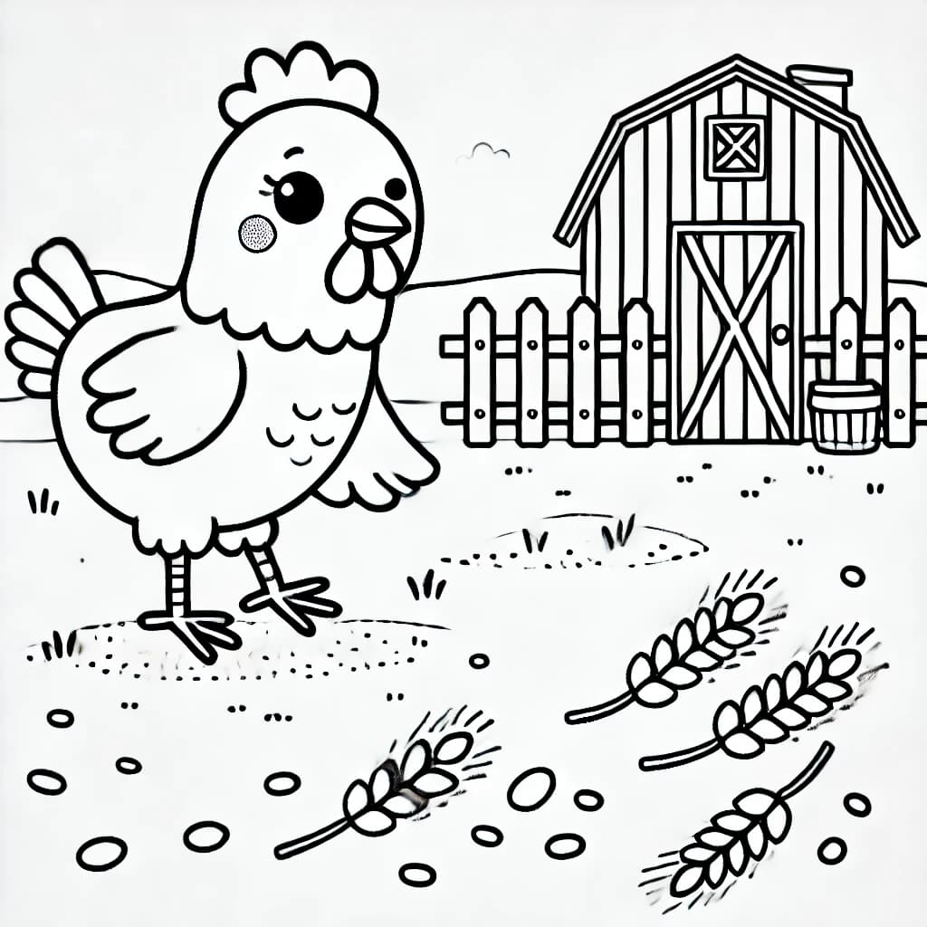 Ausmalbild - Fröhliches Huhn auf dem Bauernhof - Huhn, Bauernhof, Zaun, Scheune