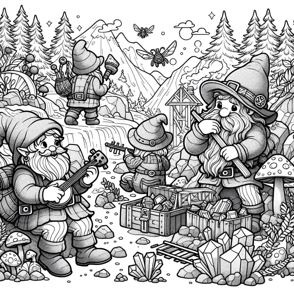 Ausmalbild - Zwerge im Zauberwald - Zwerge, Zauberwald, Pilze, Kristalle