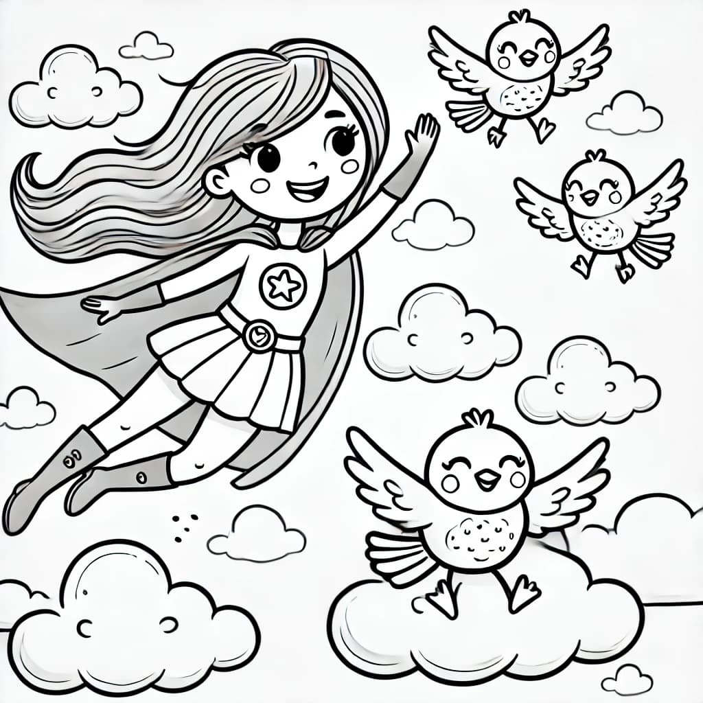 Ausmalbild - Superheldin in den Wolken - Superheldin, fliegen, Wolken, Vögel