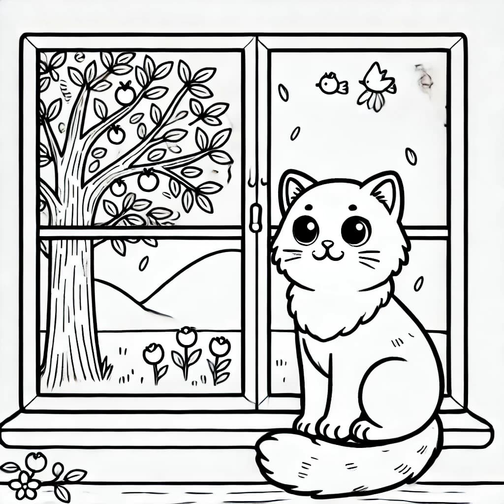 Ausmalbild - Katze am Fenster - Katze, Fenster, Baum, Vogel