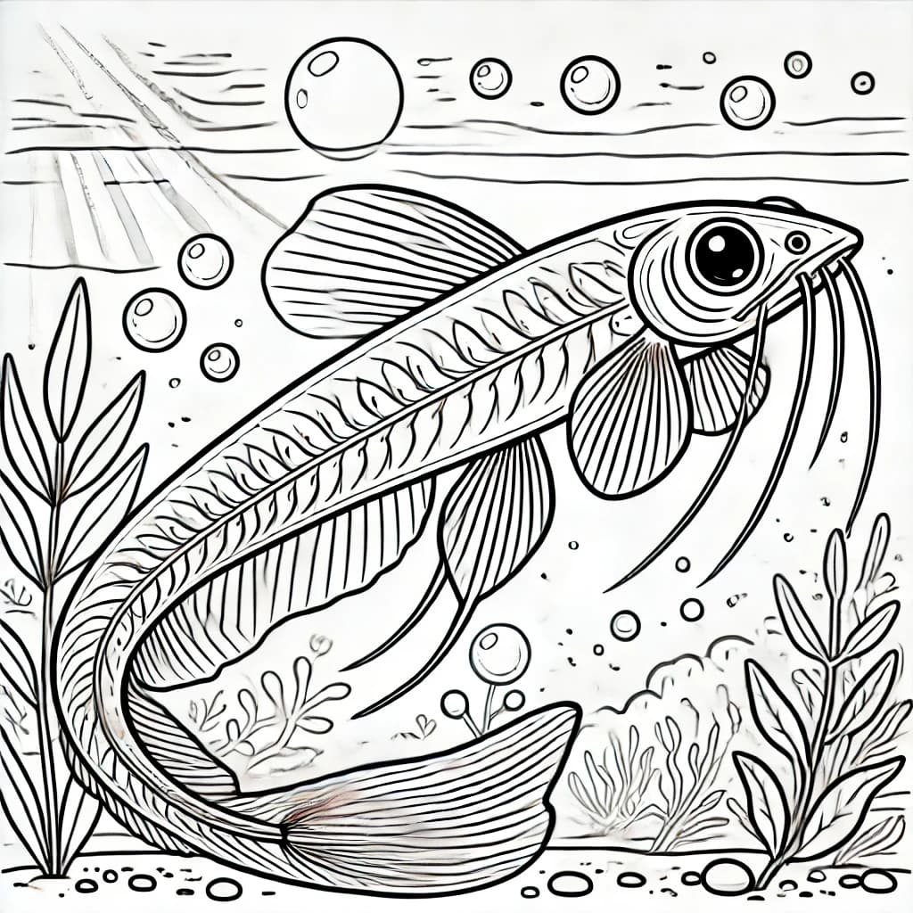 Ausmalbild - Glaswels im Wasser - Fisch, Glaswels, Unterwasser, Pflanzen