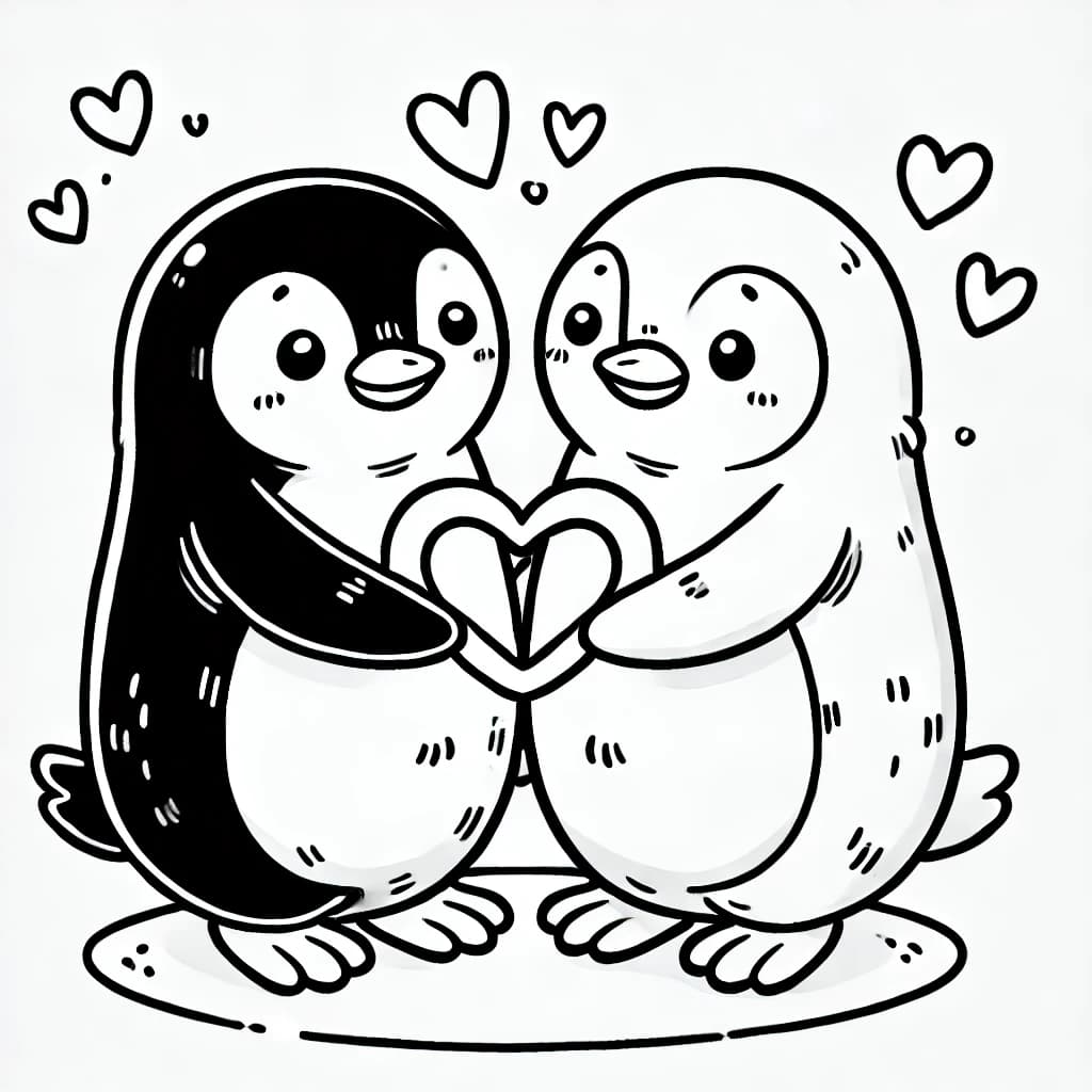 Ausmalbild - Verliebte Pinguine - Pinguin, Liebe, Herz, Tiere