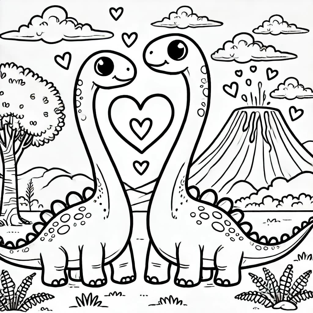 Ausmalbild - Verliebte Langhals-Dinosaurier - Dinosaurier, Liebe, Herz, Urzeit
