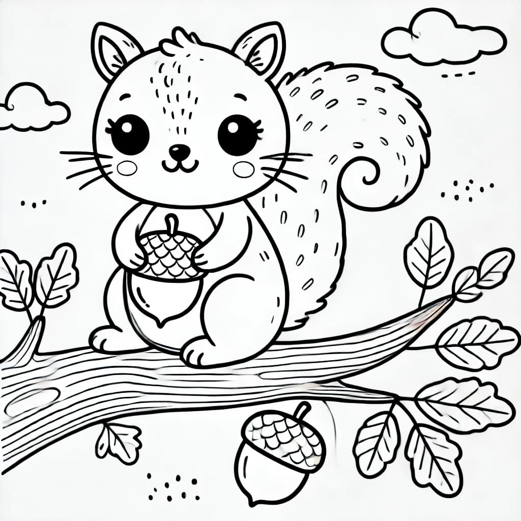 Ausmalbild - Verspieltes Eichhörnchen auf einem Ast - Eichhörnchen, Baum, Ast, Eichel