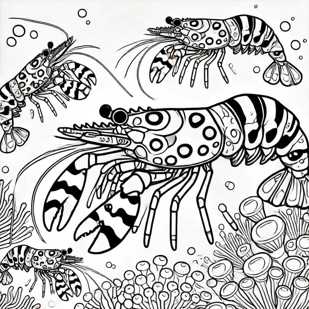 Ausmalbild - Harlekin-Garnelen im Meer - Harlekin-Garnele, Meer, Garnelen, Korallen