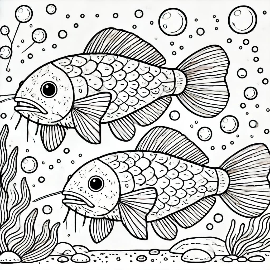 Ausmalbild - Quastenflosser im Ozean - Quastenflosser, Fische, Meer, Blasen