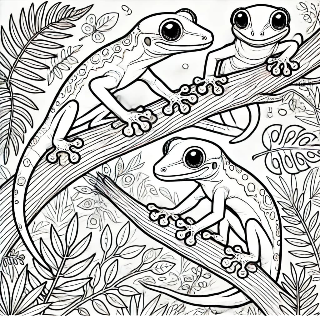 Ausmalbild - Madagaskar-Taggeckos im Dschungel - Gecko, Reptilien, Madagaskar, Dschungel