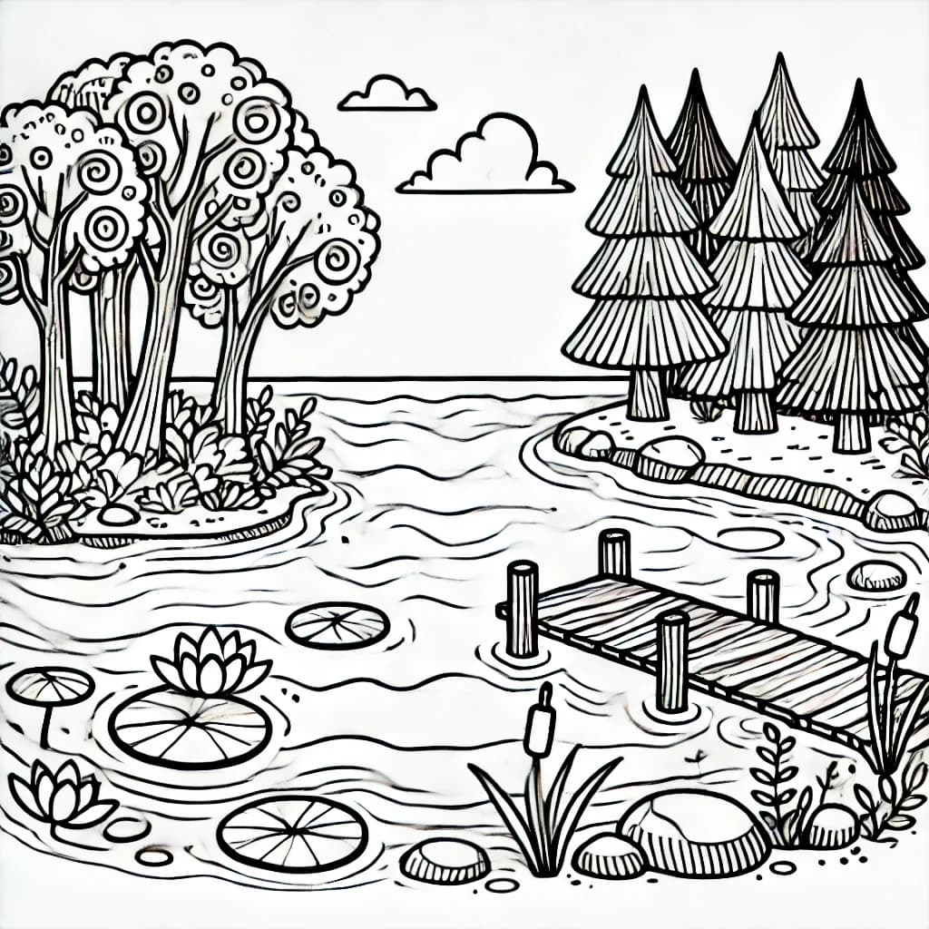 Ausmalbild - Der verwunschene See - See, Wellen, Pier, Bäume
