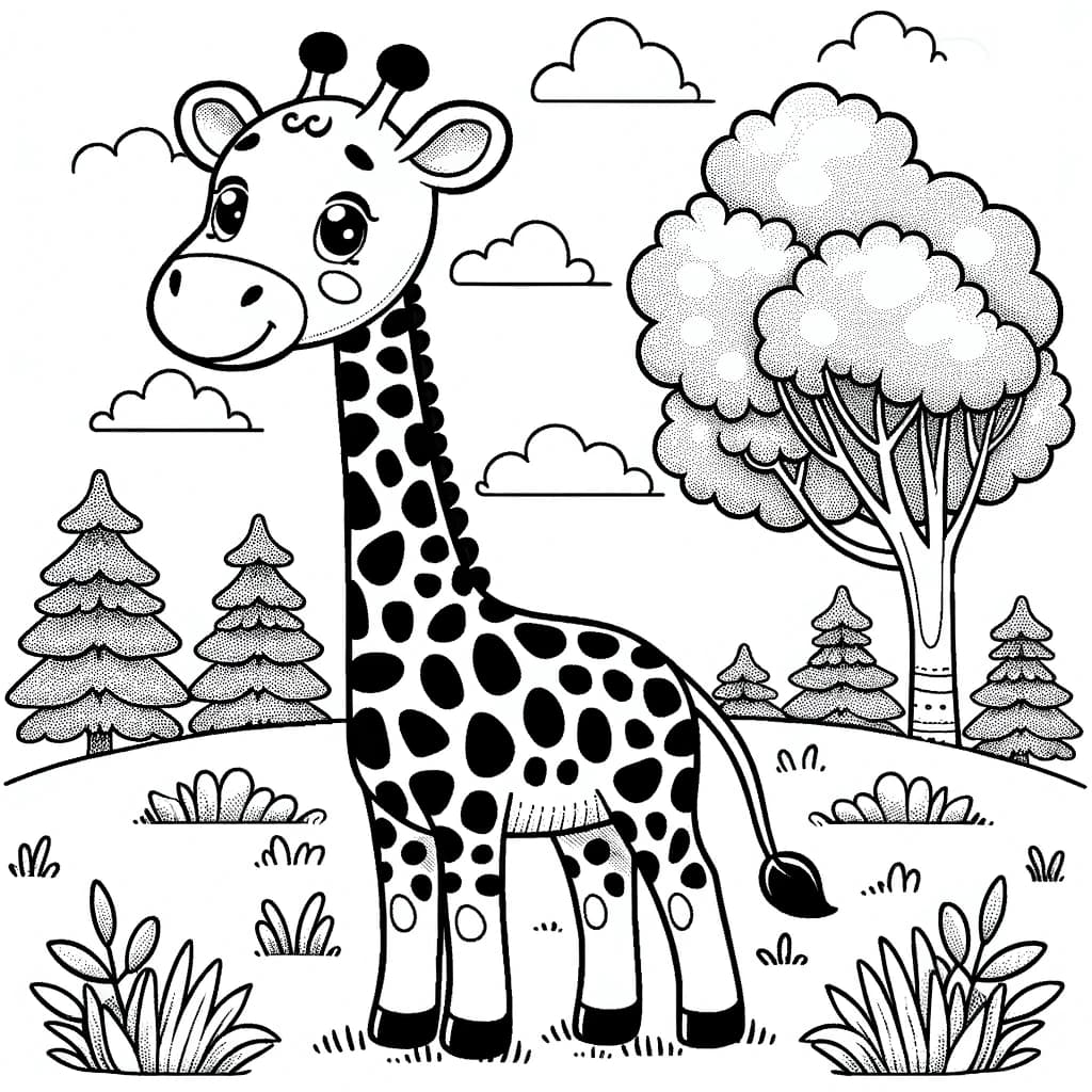 Ausmalbild - Die freundliche Giraffe im Feld - Giraffe, Feld, Bäume, Gras