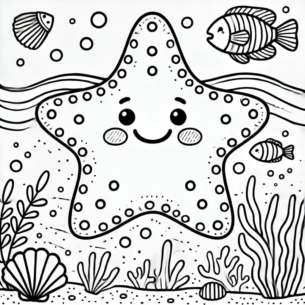 Ausmalbild - Fröhlicher Seestern im Meer - Seestern, Meer, Fische, Muscheln