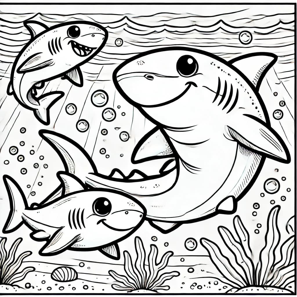 Ausmalbild - Familie Hai - Hai, Familie, Meer, Fische
