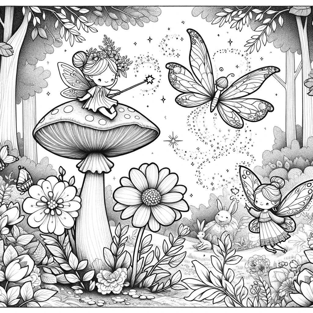 Ausmalbild - Magische Feen im Zauberwald - Feen, Wald, Blumen, Tiere
