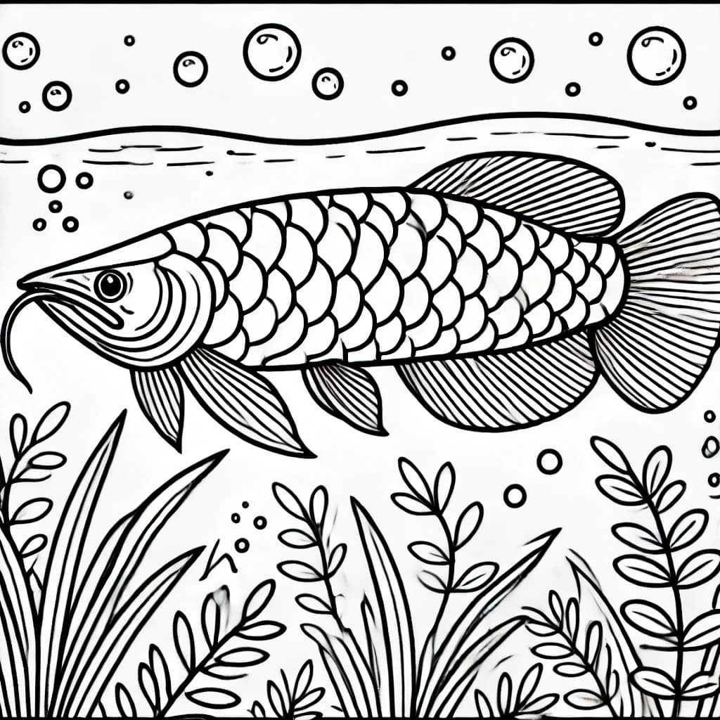 Ausmalbild - Arowana im Teich - Arowana, Fisch, Teich, Wasserpflanzen
