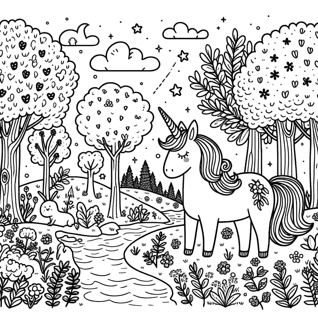 Ausmalbild - Einhorn im Zauberwald - Einhorn, Zauberwald, Bäume, Blumen