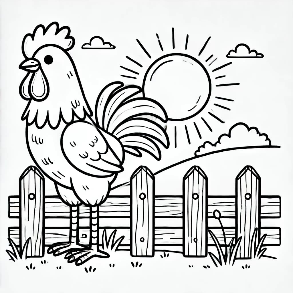 Ausmalbild - Hahn auf dem Zaun - Hahn, Bauernhof, Zaun, Sonne