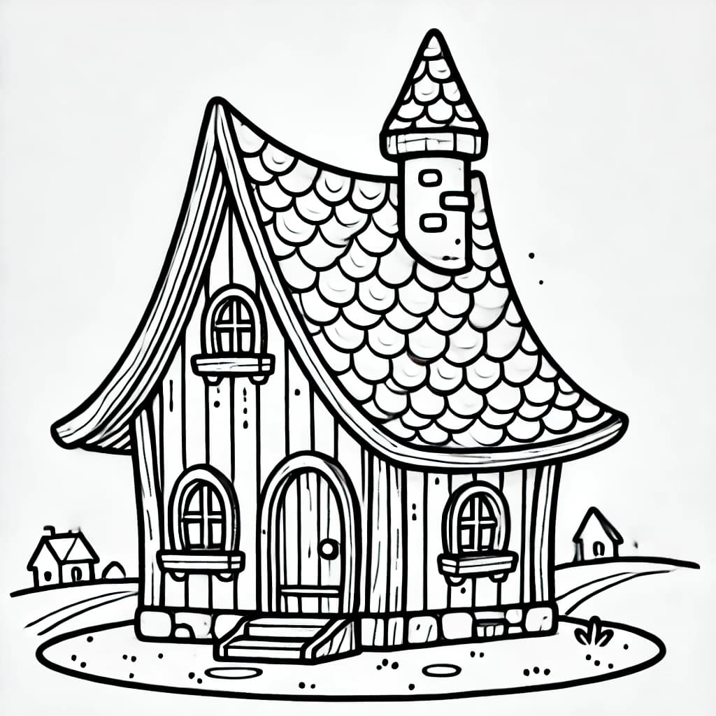 Ausmalbild - Das geheimnisvolle Hexenhaus - Hexenhaus, Märchen, Wald, Dach