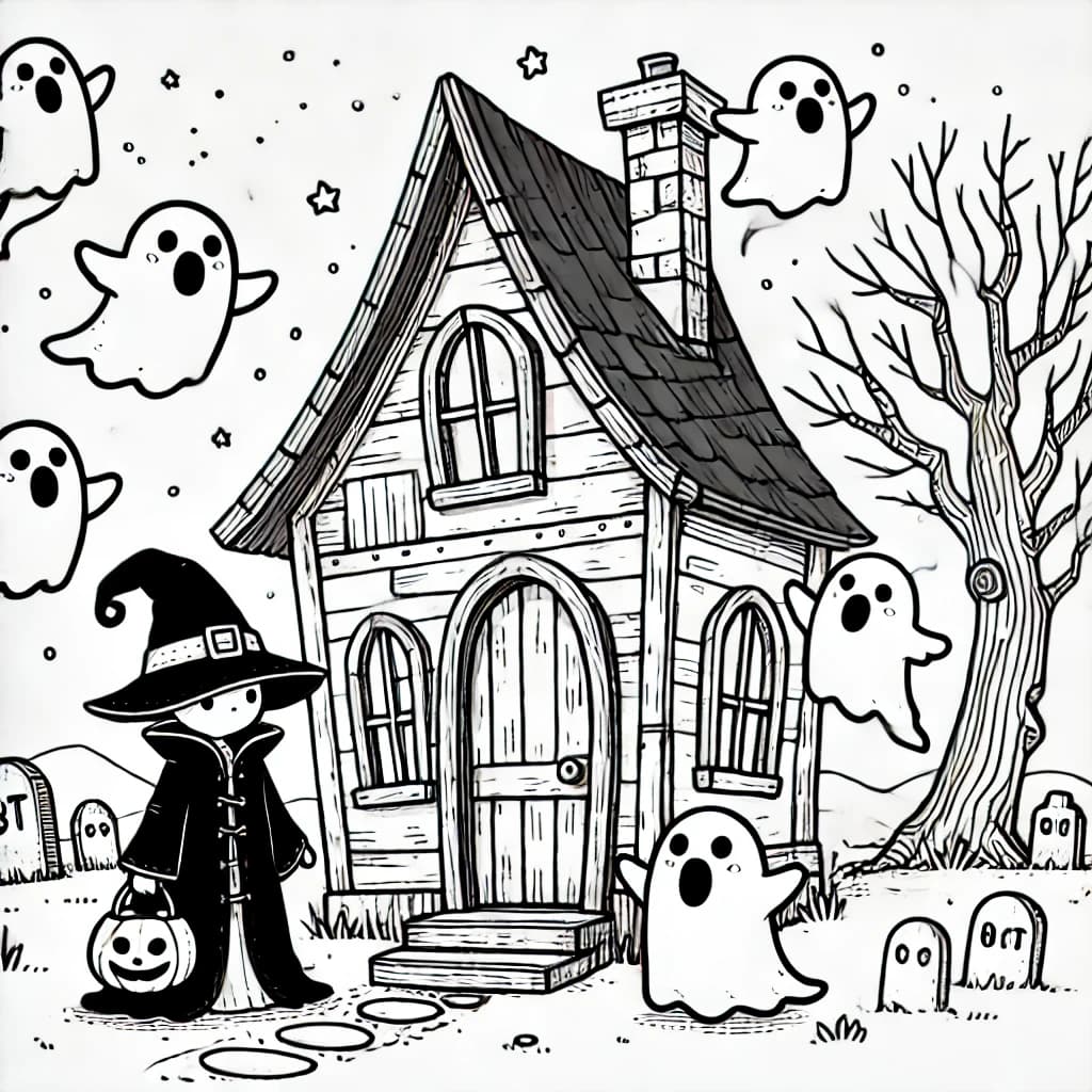 Ausmalbild - Spukhaus mit Hexe - Spukhaus, Geister, Hexe, Halloween