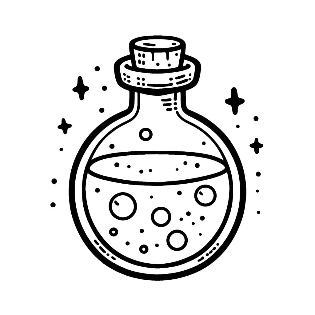 Ausmalbild - Schwebender Zaubertrank in der Flasche - Zaubertrank, Flasche, Magie, Schweben