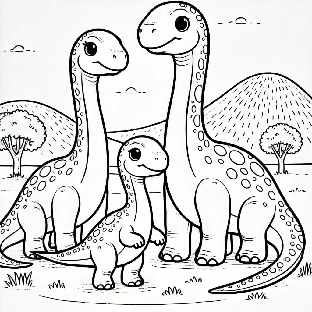 Ausmalbild - Die Familie Langhals - Dinosaurier, Familie, Urzeit, Langhals