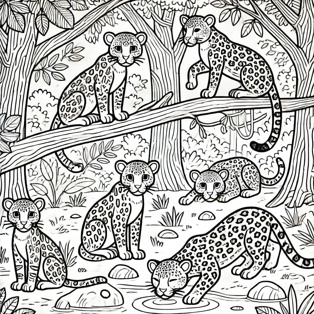 Ausmalbild - Jaguarundis im Dschungel - Jaguarundi, Wildkatzen, Dschungel, Tiere