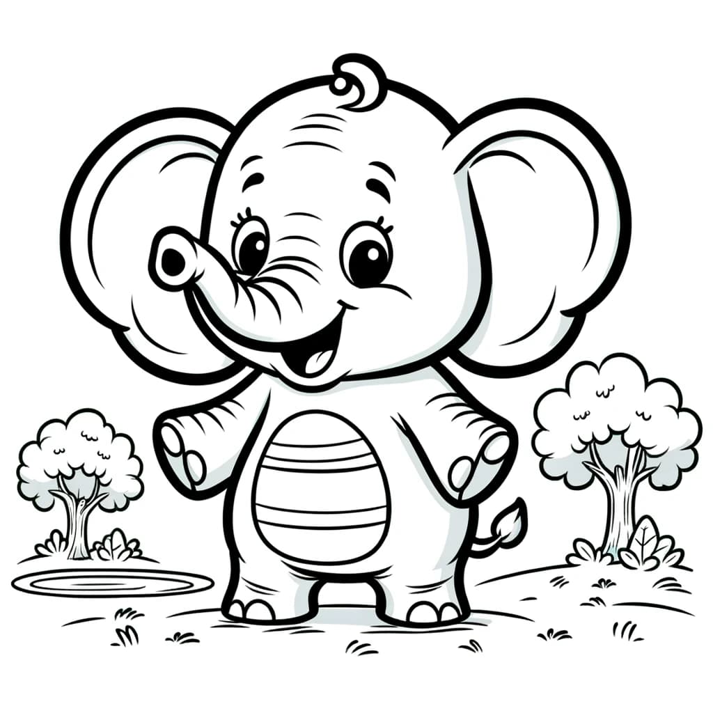 Ausmalbild - Der fröhliche Elefant - Elefant, Bäume, Teich, Spielplatz