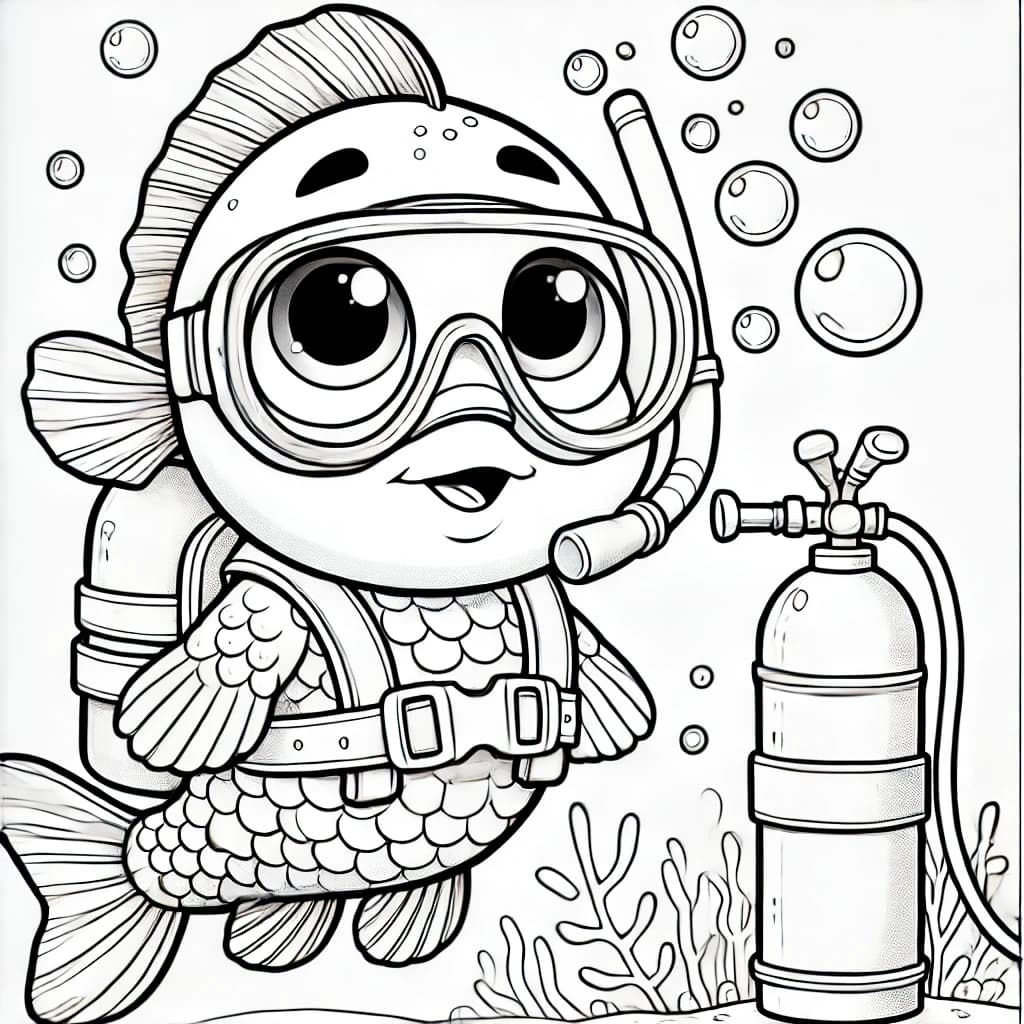 Ausmalbild - Der tauchende Fisch - Fisch, Taucheranzug, Sauerstoffflasche, Meer
