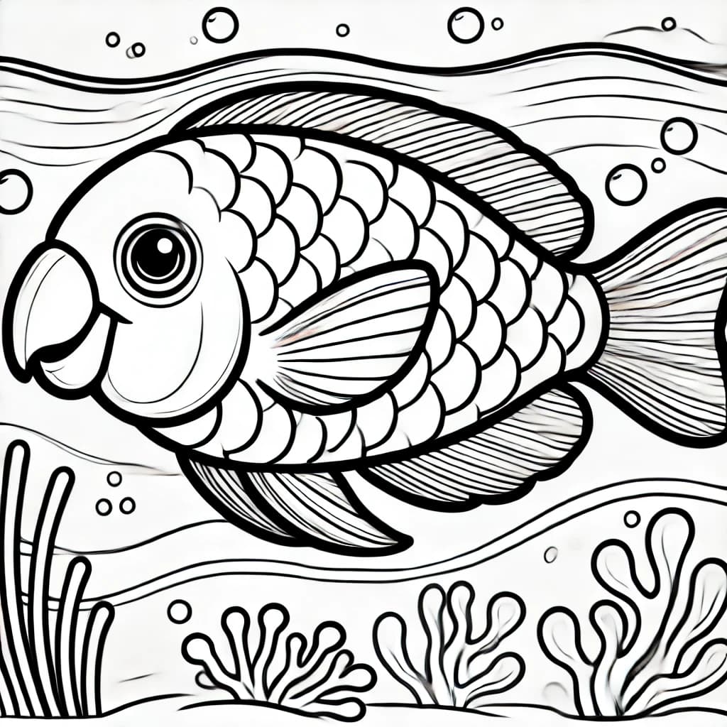 Ausmalbild - Papageienfisch im Meer - Fische, Papageienfisch, Meer, Unterwasser