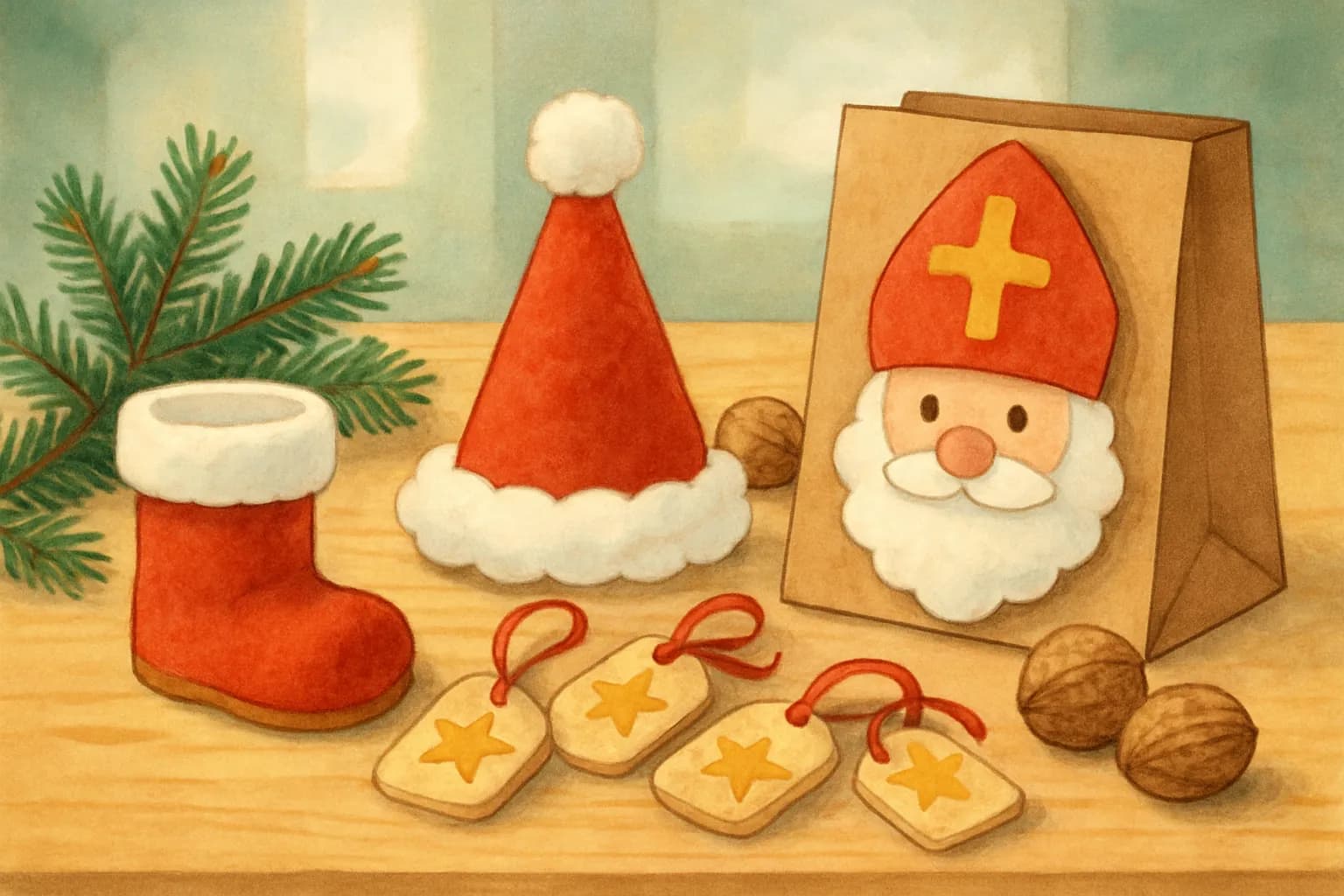 Nikolaus basteln mit Kindern: Stiefel, Mütze und Geschenkanhänger - Vier Nikolaus-Ideen ab 3 Jahren: Filzstiefel, Mütze aus Tonpapier, Geschenkanhänger und Nikolaustüte – mit Zeitplan bis zum 6. Dezember.