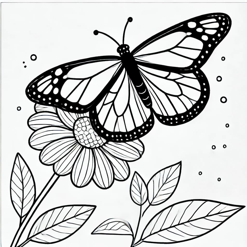Ausmalbild - Monarchfalter auf einer Blume - Monarchfalter, Schmetterling, Blume, Flügel