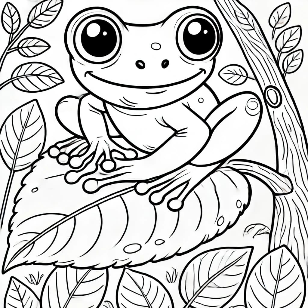 Ausmalbild - Rotaugenlaubfrosch auf einem Blatt - Frosch, Amphibien, Natur, Dschungel