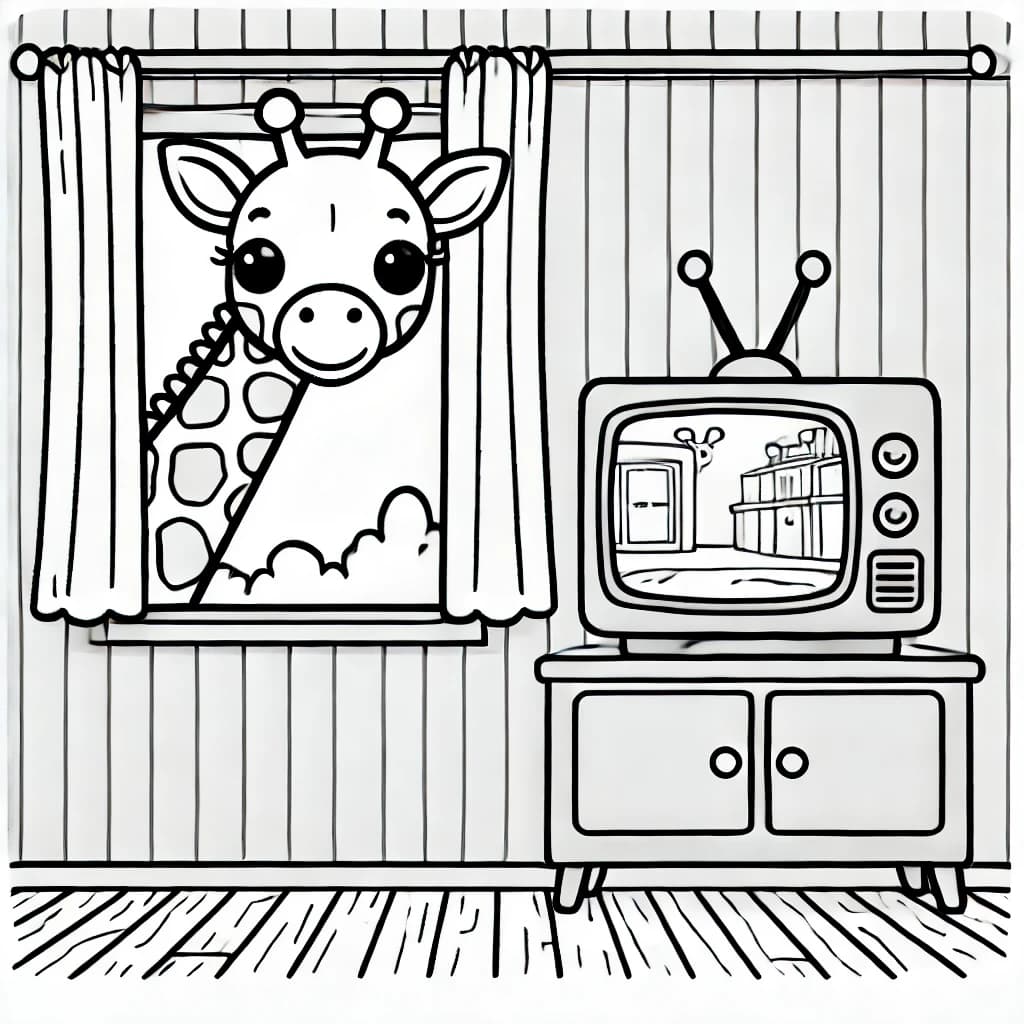 Ausmalbild - Neugierige Giraffe schaut Fernsehen - Giraffe, Fenster, Fernsehen, Raum