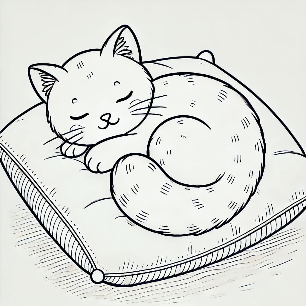 Ausmalbild - Schnurrende Katze auf einem Kissen - Katze, Kissen, Haustier, Schlafen