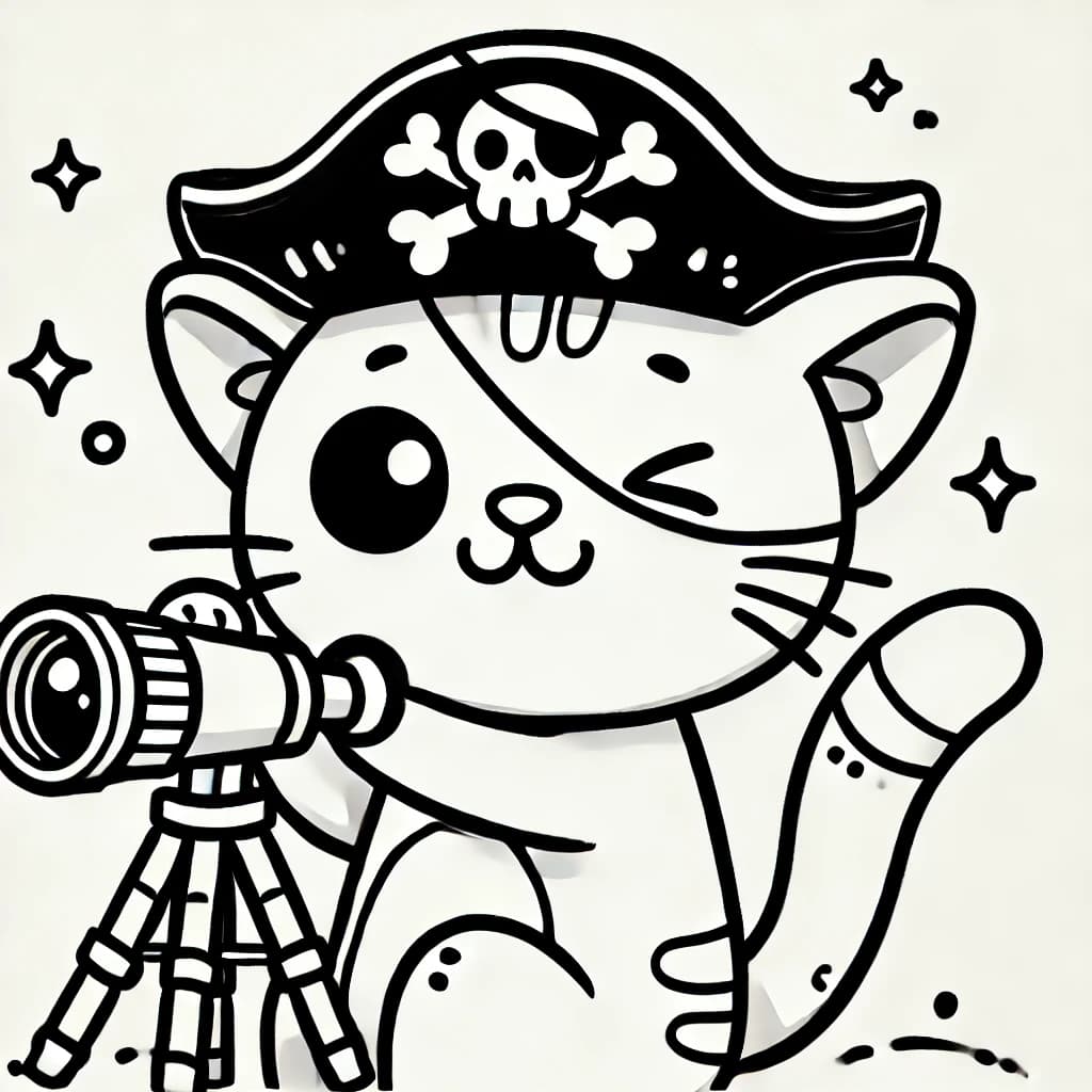Ausmalbild - Piratenkatze auf Abenteuer - Katze, Pirat, Fernglas, Abenteuer
